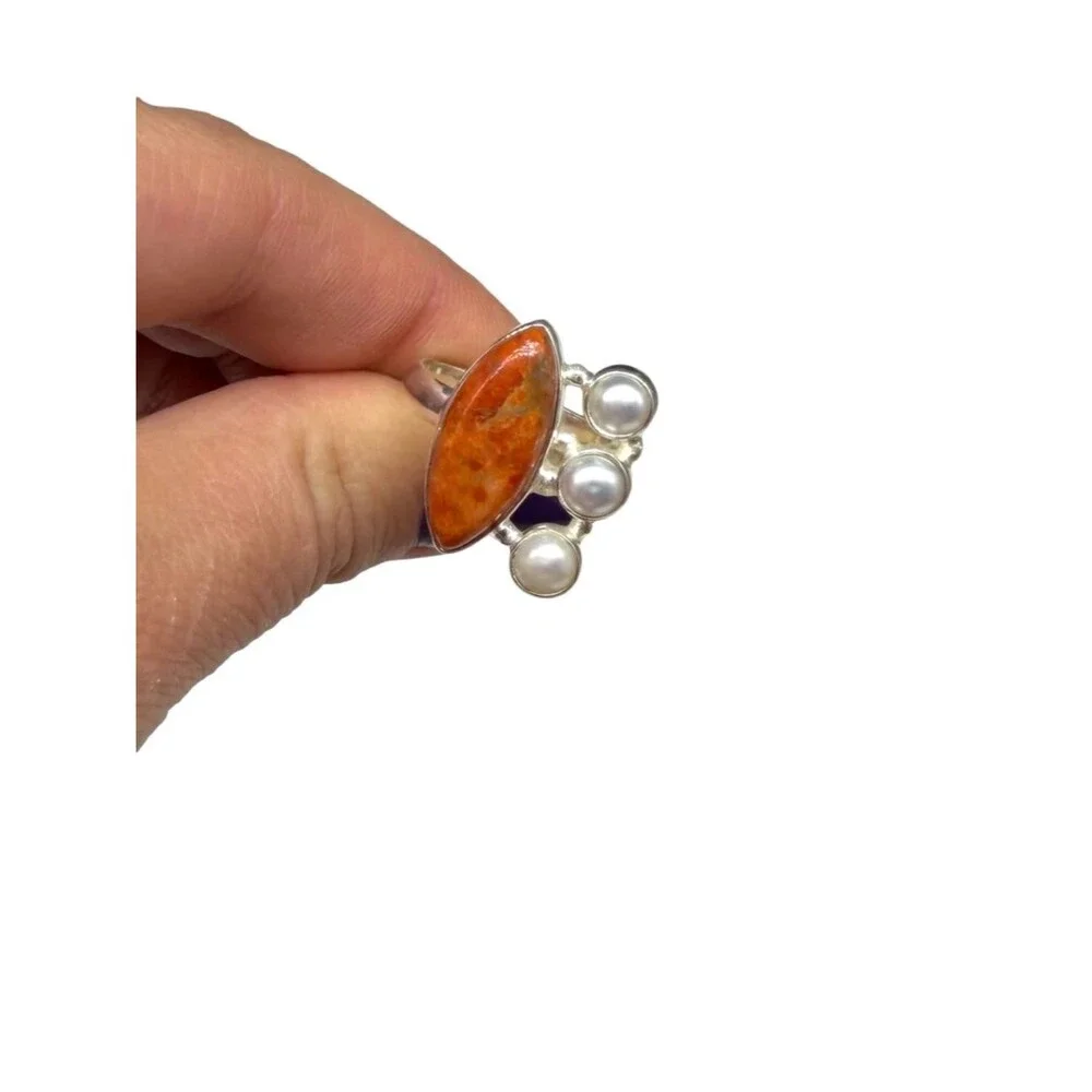 Orange Mohave Turquoise & Freshwater Pearl Ring Size 7 Solid 925 Sterling Silver